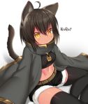  &gt;:( 1girl abs ahoge animal_ears belt black_hair black_legwear cat_ears cat_tail commentary dark_skin fur-trimmed_shorts kuro_(mofuaki) mofuaki navel original robe short_hair short_shorts shorts simple_background sitting solo tail thigh-highs translated white_background yellow_eyes 