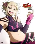  1girl blonde_hair boku_no_hero_academia cosplay fingerless_gloves gloves hair_ornament han_juri han_juri_(cosplay) highres kellzallday30 open_mouth signature simple_background solo street_fighter toga_himiko white_background yellow_eyes 