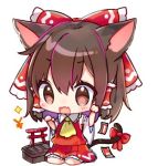  1girl animal_ears ascot bangs bare_shoulders blush bow box brown_eyes brown_hair cat_ears cat_tail chibi commentary_request detached_sleeves donation_box eyebrows_visible_through_hair fang frilled_shirt_collar frills hair_between_eyes hair_bow hakurei_reimu hands_up kemonomimi_mode long_sleeves lowres natsuki_(ukiwakudasai) ofuda open_mouth paw_pose red_bow red_skirt simple_background sitting skirt skirt_set solo sparkle tail tail_bow torii touhou translated wariza white_background wide_sleeves yellow_neckwear yen_sign 