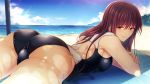  1girl ass back_cutout bangs beach beach_mat beach_umbrella blue_sky blush breasts brown_eyes closed_mouth clouds competition_swimsuit day eyebrows_visible_through_hair from_behind game_cg korekara_anata_o_ubau_kara_yuuwaku_soudatsu_sisters large_breasts lens_flare long_hair looking_at_viewer looking_back lying midou_aya mole mole_under_eye ocean official_art on_stomach one-piece_swimsuit outdoors purple_hair sand shade sidelocks sky smile solo swimsuit tai_(nazutai) thighs two-tone_swimsuit umbrella wet 