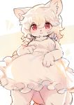  1girl :3 animal_ears apron commentary_request dog_ears dog_tail from_below furry hands_on_own_stomach kishibe looking_down naked_apron original red_eyes short_hair smile solo tail white_apron white_hair 