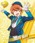 character_name dress gloves hat idolmaster idolmaster_side-m orange_hair red_eyes short_hair smile wink yosuke_aoi 