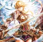  1girl blonde_hair blue_eyes blue_ribbon breasts brown_gloves clouds cowboy_shot day earrings feathers floating_hair frilled_shorts frilled_skirt frills gloves hair_between_eyes head_tilt holding holding_sword holding_weapon jewelry laxia_(ys) long_hair long_sleeves looking_at_viewer medium_breasts outdoors overskirt purple_shorts rapier ribbon short_shorts shorts skirt solo standing sushi_(sashimise) sword weapon ys ys_viii_lacrimosa_of_dana 