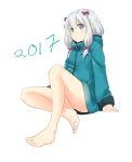  1girl 2017 arm_support barefoot blue_coat blue_eyes bow eromanga_sensei eyebrows_visible_through_hair full_body hair_bow hood hood_down hooded_coat invisible_chair izumi_sagiri red_bow saruno_(eyesonly712) sidelocks silver_hair simple_background sitting solo white_background 