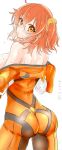  1girl blush bodysuit breasts chaldea_combat_uniform cowboy_shot eyebrows_visible_through_hair fate/grand_order fate_(series) from_behind fujimaru_ritsuka_(female) hair_between_eyes hair_ornament hair_scrunchie medium_breasts orange_bodysuit orange_hair orange_scrunchie scrunchie shino-o sideboob simple_background skin_tight solo standing undressing white_background yellow_eyes 