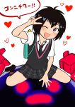  1girl backpack bag black_hair black_legwear blush brown_eyes commentary heart highres looking_at_viewer necktie one_eye_closed open_mouth peni_parker pleated_skirt school_uniform shiromanta short_hair skirt smile solo sp//dr spider-man:_into_the_spider-verse spider-man_(series) spread_legs sweater sweater_vest translated v 
