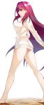  1girl ass bangs bare_legs barefoot breasts carpet closed_mouth covered_nipples dress ears expressionless eyebrows_visible_through_hair fate/grand_order fate_(series) from_side hair_behind_ear hair_between_eyes hair_intakes highres kneepits large_breasts legs legs_apart long_hair long_sleeves looking_at_viewer looking_back mithurugi-sugar naked_sweater perky_breasts purple_hair red_eyes ribbed_sweater scathach_(fate)_(all) scathach_(fate/grand_order) sidelocks sideways_glance simple_background soles solo standing sweater sweater_dress thighs tiptoes turtleneck turtleneck_sweater twitter_username very_long_hair white_background white_sweater 