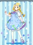  1girl alternate_costume aqua_nails artist_name blonde_hair blue_background blue_dress blue_flower blush closed_mouth clouds dress fingernails flat_chest flower frilled_dress frills full_body green_eyes hair_flower hair_ornament hair_tie hand_up happy light_blush lillie_(pokemon) long_hair looking_at_viewer miu_(miuuu_721) multi-tied_hair nail_polish outline pantyhose petticoat pokemon pokemon_(game) pokemon_sm puddle purple_footwear rain see-through shiny shiny_hair shoes short_sleeves signature smile solo standing striped striped_background tied_hair twintails white_flower white_legwear white_outline 