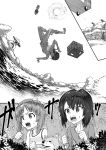  3girls basket bush capri_pants clenched_hands dog falling frown girls_und_panzer goripan greyscale highres long_sleeves monochrome mother_and_daughter motion_blur motion_lines multiple_girls nishizumi_maho nishizumi_miho nishizumi_shiho open_mouth outdoors pants pond rock sandals shiba_inu shirt short_sleeves siblings sisters sun tank_top translated upside-down v-shaped_eyebrows younger 