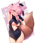  1girl absurdres animal_ear_fluff animal_ears arm_up armpits bangs bare_shoulders black_dress black_gloves breasts center_opening china_dress chinese_clothes dress eyebrows_visible_through_hair fan fangs fate/grand_order fate_(series) folding_fan fox_ears fox_girl fox_tail glasses gloves hair_between_eyes hair_ornament hair_ribbon highres koyanskaya large_breasts looking_at_viewer open_mouth pink_hair red_ribbon ribbon rimless_eyewear sleeveless sleeveless_dress smile solo tail tamamo_(assassin)_(fate) tamamo_(fate)_(all) yellow_eyes yuruto 