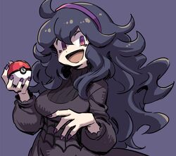  1girl :d ahoge ball bangs black_hair breasts dress hair_between_eyes hairband hex_maniac_(pokemon) holding holding_ball holding_poke_ball long_hair long_sleeves looking_at_viewer mizuno_(okn66) nail_polish open_mouth poke_ball poke_ball_(generic) pokemon pokemon_(game) pokemon_xy purple_background purple_hairband purple_nails red_eyes ribbed_sweater shaded_face simple_background smile solo sweater very_long_hair wavy_hair 