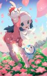  1girl arm_up beanie black_eyes blue_eyes blue_hair blue_sky blush boots chorimokki clouds day field flower flower_field full_body gen_4_pokemon hair_ornament hairclip hand_on_own_knee happy hat hikari_(pokemon) holding holding_poke_ball knee_boots kneehighs light_blush long_hair long_sleeves looking_at_viewer mountain open_mouth outdoors outstretched_arm petals pink_coat pink_flower pink_footwear piplup poke_ball poke_ball_(generic) poke_ball_symbol poke_ball_theme pokemon pokemon_(creature) pokemon_(game) pokemon_dppt pokemon_platinum sky smile standing teeth white_headwear white_legwear 