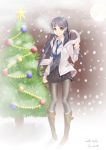  1girl black_hair boots christmas christmas_tree commentary_request highres long_hair original runasion snow thigh-highs thigh_boots yellow_eyes 