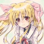  1girl black_shirt blonde_hair closed_mouth commentary dress eyebrows_visible_through_hair fate_testarossa hair_ribbon highres kuroi_mimei light_blush light_particles long_hair long_sleeves lyrical_nanoha magical_girl mahou_shoujo_lyrical_nanoha neck_ribbon pink_ribbon red_eyes red_neckwear ribbon sailor_collar school_uniform seishou_elementary_school_uniform shirt smile solo twintails white_dress 