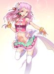  1girl :d absurdres arm_strap breasts clover_earrings crop_top cru cure_yell floating_hair flower gradient gradient_background hair_flower hair_ornament hair_ribbon highres hugtto!_precure leg_up long_hair looking_at_viewer medium_breasts midriff miniskirt navel nono_hana open_mouth pink_eyes pink_hair pink_ribbon precure red_ribbon ribbon skirt smile solo standing standing_on_one_leg stomach thigh-highs white_flower white_legwear wrist_cuffs zettai_ryouiki 