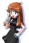  1girl bangs bare_shoulders black_dress blue_(pokemon) blue_eyes breasts brown_hair covered_navel cowboy_shot dress drop_shadow eyebrows_visible_through_hair gloves hand_on_hip hand_up happy long_hair looking_at_viewer open_mouth pointing pointing_up pokemon pokemon_special shiny shiny_hair side_slit simple_background sleeveless sleeveless_dress small_breasts smile solo standing teru_zeta white_background white_gloves 