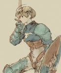  1boy armor blonde_hair brown_background commentary final_fantasy final_fantasy_tactics gauntlets holding holding_sword holding_weapon profile ramza_beoulve shield short_hair shoulder_armor simple_background sketch solo sword ueo_(i_ueo) weapon 