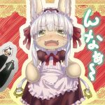  1boy 1girl 1other :3 alternate_costume animal_ears black_hair blush bondrewd clothes_grab commentary_request ddak5843 ears_through_headwear embarrassed enmaided fangs frills furry grin helmet hollow_eyes made_in_abyss maid maid_headdress multicolored_hair multiple_girls nanachi_(made_in_abyss) ozen partial_commentary silver_hair smile sweatdrop tearing_up translated two-tone_hair whiskers white_hair yellow_eyes 