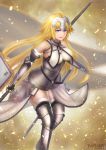  1girl :d armor armored_boots armored_dress banner black_gloves black_legwear blonde_hair blue_eyes boots breasts detached_sleeves dress fate/grand_order fate_(series) floating_hair fur-trimmed_legwear fur_trim gloves headpiece holding jeanne_d&#039;arc_(fate) jeanne_d&#039;arc_(fate)_(all) large_breasts long_hair masamune_oekaki open_mouth pixiv_fate/grand_order_contest_1 sideboob smile solo thigh-highs thigh_boots very_long_hair white_dress 