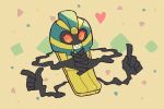  beige_background black_eyes cofagrigus coffin extra_arms full_body gen_5_pokemon ghost grin hands_together hands_up happy heart looking_to_the_side no_humans pointing pokemon pokemon_(creature) red_sclera sharp_teeth shiwo_(siwosi) smile solo teeth 