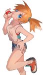  1girl ankea_(a-ramo-do) ball bangs bare_shoulders blue_eyes blue_shorts breasts collarbone denim denim_shorts gym_leader hair_tie hand_on_hip hand_up head_back holding holding_ball holding_poke_ball kasumi_(pokemon) leg_up looking_at_viewer midriff navel orange_hair parted_lips poke_ball poke_ball_(generic) pokemon pokemon_(game) pokemon_lgpe red_footwear shiny shiny_hair shirt shoes short_hair short_shorts shorts side_ponytail simple_background sleeveless sleeveless_shirt small_breasts solo standing standing_on_one_leg tied_hair white_background white_shirt 