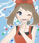  1girl artist_name bangs bare_shoulders blue_background blue_eyes blush breasts brown_hair collarbone happy haruka_(pokemon) highres looking_at_viewer miu_(miuuu_721) one_eye_closed open_mouth outline pokemon pokemon_(game) pokemon_oras red_shirt shirt signature sleeveless sleeveless_shirt small_breasts smile solo teeth upper_body white_outline 