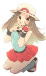  1girl ball bare_shoulders blue_(pokemon) blue_legwear blue_shirt blush breasts brown_hair chorimokki closed_mouth full_body hands_up happy hat holding holding_ball holding_poke_ball kneeling long_hair looking_to_the_side miniskirt pleated_skirt poke_ball poke_ball_(generic) pokemon pokemon_(game) pokemon_frlg red_skirt shirt shirt_tucked_in shoes simple_background skirt sleeveless sleeveless_shirt small_breasts smile socks solo white_background white_headwear wristband yellow_eyes 