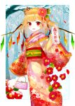  1girl alternate_costume animal animal_on_head arm_up bag bangs bare_tree blonde_hair boar camellia crystal day fang feet_out_of_frame flandre_scarlet floral_print flower forest hair_ornament handbag happy_new_year holding holding_handbag holding_paper japanese_clothes kimono layered_clothing layered_kimono long_sleeves looking_at_viewer nature nengajou new_year obi on_head open_mouth outdoors paper pointy_ears print_kimono red_eyes sakipsakip sash seigaiha short_hair side_ponytail sleeves_past_wrists snowing solo standing touhou translated tree twitter_username wide_sleeves wings 