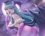  1girl aqua_hair ass bangs bare_shoulders blunt_bangs bridal_gauntlets demon_girl demon_wings faux_traditional_media feathers finger_licking fingernails from_side head_wings jinno_shigure licking long_hair looking_back moon moonlight morrigan_aensland night open_mouth pantyhose purple_legwear purple_sky solo succubus teeth tongue tongue_out vampire_(game) white_feathers wings 
