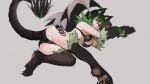  1girl animal_ear_fluff animal_ears ass bat_wings black_bra black_hair black_panties bra commentary english_commentary fusion glasses gradient_hair green_eyes green_hair grey_background highres looking_at_viewer lying manticore_(monster_girl_encyclopedia) monster_girl monster_girl_encyclopedia multicolored_hair on_side original paintrfiend panties parted_lips paws rectangular_eyewear simple_background smile smirk tail tharkis twintails underwear wings 