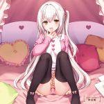  1girl :d arm_support artist_name bed black_legwear blush breasts collarbone frills hair_ribbon hand_to_own_mouth heart heart_pillow jacket komeshiro_kasu long_hair one_side_up open_mouth original panties pantyshot pantyshot_(sitting) pillow pink_panties pink_ribbon ribbon sitting skirt small_breasts smile solo spread_legs thigh-highs thighs translated underwear white_hair yellow_eyes 