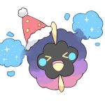 &gt;_&lt; blush_stickers closed_eyes cosmog full_body fur_trim gen_7_pokemon happy hat jpeg_artifacts lowres mei_(maysroom) no_humans open_mouth pokemon pokemon_(anime) pokemon_(creature) pokemon_sm_(anime) red_headwear santa_hat simple_background sketch smile solo star white_background 