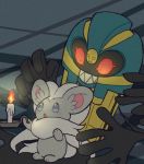 blue_eyes blush candle cinccino cofagrigus coffin extra_arms fire full_body gen_5_pokemon ghost glowing glowing_eyes grin light_blush looking_at_another no_humans open_mouth pokemon pokemon_(creature) red_eyes red_sclera sharp_teeth shiwo_(siwosi) smile standing teeth 