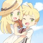  1boy 1girl bare_shoulders black_bow blonde_hair blue_sky blush bow braid brother_and_sister child clouds day dress flat_chest gladio_(pokemon) green_eyes happy hat hat_bow hug light_blush lillie_(pokemon) long_hair looking_at_viewer looking_back looking_to_the_side lowres mei_(maysroom) one_eye_closed open_mouth outdoors pokemon pokemon_(anime) pokemon_sm_(anime) shirt short_sleeves siblings sky sleeveless sleeveless_dress smile sun_hat texture tied_hair twin_braids upper_body white_dress white_shirt yellow_headwear younger 