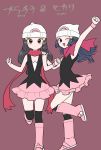  2girls :d barrette beanie black_dress black_legwear boots brown_background clenched_hands closed_mouth dress dual_persona expressionless eyelashes flat_chest full_body grey_eyes hand_on_another&#039;s_shoulder happy hat highres hikari_(pokemon) long_hair minapo multiple_girls one_eye_closed open_mouth pink_footwear pink_wristband platinum_berlitz pokemon pokemon_(anime) pokemon_(game) pokemon_dppt pokemon_dppt_(anime) pokemon_special red_scarf scarf short_dress simple_background sleeveless sleeveless_dress smile socks standing standing_on_one_leg translated violet_eyes white_headwear wristband 