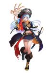  1girl azuma_kyoutarou_(artist) blue_hair boots feathers full_body hat highres jacket kula_diamond long_hair miniskirt pirate pirate_hat red_eyes skirt skull_and_crossbones snk snk_heroines:_tag_team_frenzy solo sword the_king_of_fighters weapon 