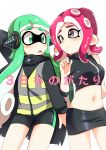 2girls agent_3_(splatoon) agent_8 bare_shoulders black_skirt blush commentary_request cover cover_page cowboy_shot eromame fang green_eyes green_hair grey_eyes inkling long_sleeves looking_at_another midriff miniskirt multiple_girls navel octoling open_mouth pink_hair short_shorts shorts skirt splatoon_(series) splatoon_2 splatoon_2:_octo_expansion squidbeak_splatoon tentacle_hair translated white_background yuri zipper