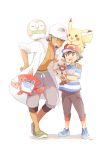  :3 artist_name bangs baseball_cap beard black_eyes black_hair blue_eyes blush_stickers bracelet brown_eyes brown_hair closed_eyes collarbone dark_skin dark_skinned_male eye_contact eyebrows_visible_through_hair facial_hair fangs full_body gen_1_pokemon gen_7_pokemon green_footwear grey_pants grin hand_on_another&#039;s_shoulder hand_on_hip happy hat heel_up highres holding holding_pokemon jewelry jpeg_artifacts kukui_(pokemon) looking_at_another mei_(maysroom) navel on_head one_eye_closed open_mouth pants pikachu poke_ball_theme pokemon pokemon_(anime) pokemon_(creature) pokemon_on_head pokemon_on_shoulder pokemon_sm_(anime) rockruff rotom rotom_dex rowlet satoshi_(pokemon) shoes short_hair signature simple_background smile standing teeth white_background white_coat white_headwear z-ring 