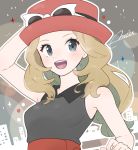  1girl adjusting_clothes adjusting_hat arm_up artist_name bare_shoulders black_shirt blonde_hair blush breasts eyewear_on_headwear grey_eyes hand_up happy hat highres long_hair looking_at_viewer medium_breasts miu_(miuuu_721) open_mouth outline pokemon pokemon_(game) pokemon_xy red_headwear serena_(pokemon) shirt signature sleeveless sleeveless_shirt smile solo sunglasses teeth upper_body white-framed_eyewear white_outline 