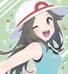  1girl artist_name bare_shoulders blue_(pokemon) blue_shirt blush breasts brown_eyes from_side green_background grey_hair happy highres long_hair looking_at_viewer medium_breasts miu_(miuuu_721) one_eye_closed open_mouth outline outstretched_arm pokemon pokemon_(game) pokemon_frlg shirt signature sleeveless sleeveless_shirt smile solo teeth upper_body white_outline 