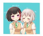  2girls :o aoba_moca arms_up bang_dream! bangs bd_ayknn beige_vest black_hair bob_cut border closed_eyes collared_shirt commentary_request eyebrows_visible_through_hair green_neckwear grey_hair hair_between_eyes highlights looking_at_another looking_to_the_side mitake_ran motion_lines multicolored_hair multiple_girls necktie open_mouth outline pink_eyes ramune redhead shirt short_hair short_sleeves sketch_eyebrows streaked_hair translated white_border white_outline white_shirt wing_collar 
