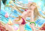  1girl arm_up beach bikini blonde_hair blue_sky bow bracelet breasts clouds day eyes_visible_through_hair floating_hair flower green_eyes green_nails hibiscus jewelry kurose_nao leg_up lens_flare long_hair looking_at_viewer magilou_(tales) nail_polish ocean outdoors outstretched_arm red_bikini red_flower red_ribbon ribbon side-tie_bikini sideboob sky small_breasts smile solo sparkle standing standing_on_one_leg sun sunlight swimsuit tales_of_(series) tales_of_berseria very_long_hair yellow_bow 