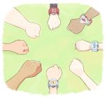  3girls 5boys annotated border bracelet circle_formation clenched_hand dark_skin dark_skinned_male gladio_(pokemon) green_background hands hau_(pokemon) jewelry kaki_(pokemon) lillie_(pokemon) long_sleeves mamane_(pokemon) mallow_(pokemon) mei_(maysroom) multiple_boys multiple_girls pokemon pokemon_(anime) pokemon_sm_(anime) satoshi_(pokemon) simple_background suiren_(pokemon) white_border z-ring 