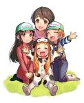  4girls :d ^_^ animal_costume animal_print apple_brk arm_around_waist baseball_cap brown_eyes brown_hair cinderella_girls_gekijou closed_eyes commentary_request cosplay cow_costume cow_print gloves grass hat ichihara_nina idolmaster idolmaster_cinderella_girls jumpsuit kigurumi kneeling korean_commentary long_hair long_sleeves looking_at_viewer multiple_girls oikawa_shizuku on_ground open_mouth orange_hair outdoors outstretched_arms overalls reaching_out ryuuzaki_kaoru seiza shirt short_hair sitting smile spread_arms striped striped_shirt tachibana_arisu translated very_long_hair very_short_hair white_background 