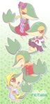  ^_^ backpack bag blue_skirt brown_eyes character_name closed_eyes closed_mouth clothed_pokemon creature dress gen_5_pokemon green_background green_theme hat heart holding isuzu9 no_humans pokemon pokemon_(creature) purple_ribbon ribbon sailor_dress skirt snivy translated yellow_headwear 