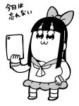  1girl :3 bangs bkub bow commentary greyscale hair_bow hair_ornament halftone hand_on_hip holding holding_tablet_pc ipad long_hair monochrome neckerchief pipimi poptepipic sailor_collar school_uniform scrunchie serafuku shirt shoes sidelocks simple_background skirt socks solo standing tablet_pc translated white_background 