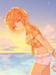  1girl 7dango7 ahoge bracelet eyewear_on_head fate/grand_order fate_(series) fujimaru_ritsuka_(female) hawaiian_shirt holding_footwear jewelry ocean orange_eyes orange_hair shirt shorts smile star_(sky) sunglasses sunset tan 