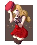  1girl ankea_(a-ramo-do) bare_shoulders black_legwear black_shirt blonde_hair border brown_background closed_mouth collarbone cropped_legs hair_tie hands_up hat highres holding long_hair looking_at_viewer mouth_hold one_eye_closed pleated_skirt pokemon pokemon_(game) pokemon_xy red_headwear red_skirt serena_(pokemon) shirt simple_background skirt sleeveless sleeveless_shirt solo sparkle standing sunglasses thigh-highs tied_hair violet_eyes white-framed_eyewear white_border zettai_ryouiki 