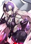 1girl 55level ahoge armor armored_dress bangs bare_shoulders breasts chain dress fate/grand_order fate_(series) faulds flag fur_trim gauntlets headpiece highres holding holding_flag jeanne_d&#039;arc_(alter)_(fate) jeanne_d&#039;arc_(fate)_(all) large_breasts long_hair looking_at_viewer pale_skin pink_lips purple_dress silver_hair thigh-highs very_long_hair yellow_eyes 
