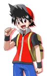  1boy backpack bag bangs baseball_cap black_hair black_shirt blue_pants clenched_hands cowboy_shot drop_shadow hair_between_eyes hand_up happy hat highres looking_at_viewer male_focus open_mouth pants pointing pointing_at_self pokemon pokemon_special red_(pokemon) red_eyes red_headwear red_vest shirt short_sleeves simple_background smile solo standing teru_zeta vest white_background wristband 
